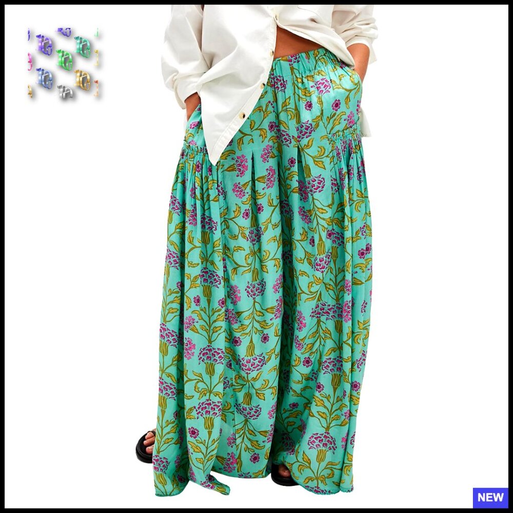 Aqua Floral Wide-Leg Palazzo Pants with Elastic Waist